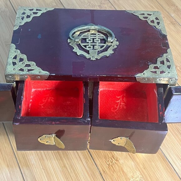 Vintage Chinese-Inspired Wooden Jewelry Box W/ Brass & Mother-Of-Pearl Inlay - Picture 7 of 11